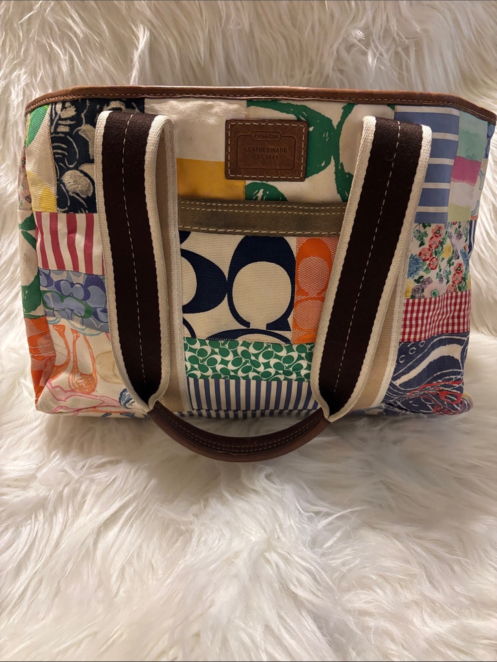 Coach Patchwork Canvas Tote in Multicolor Patchwork with Brown Trim